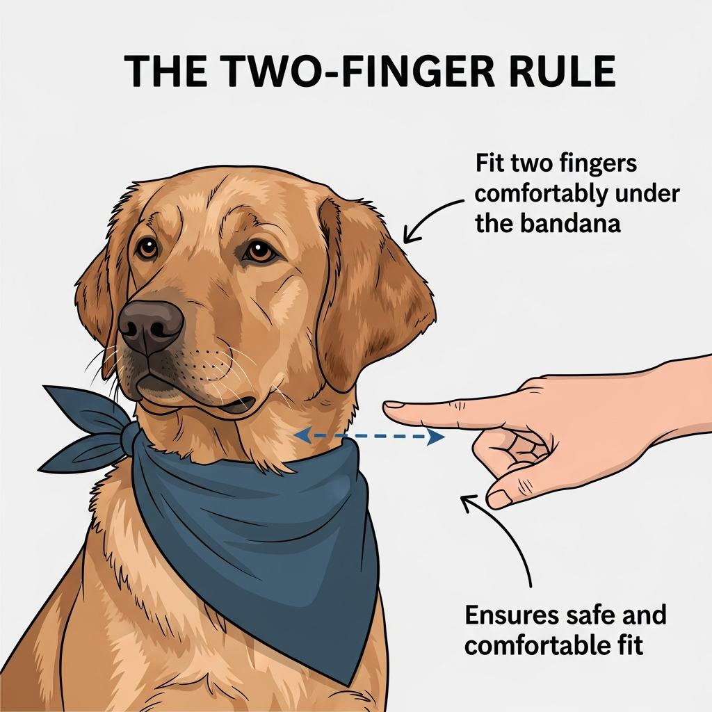 A diagram showing the 'two-finger rule' for fitting a dog bandana safely.
